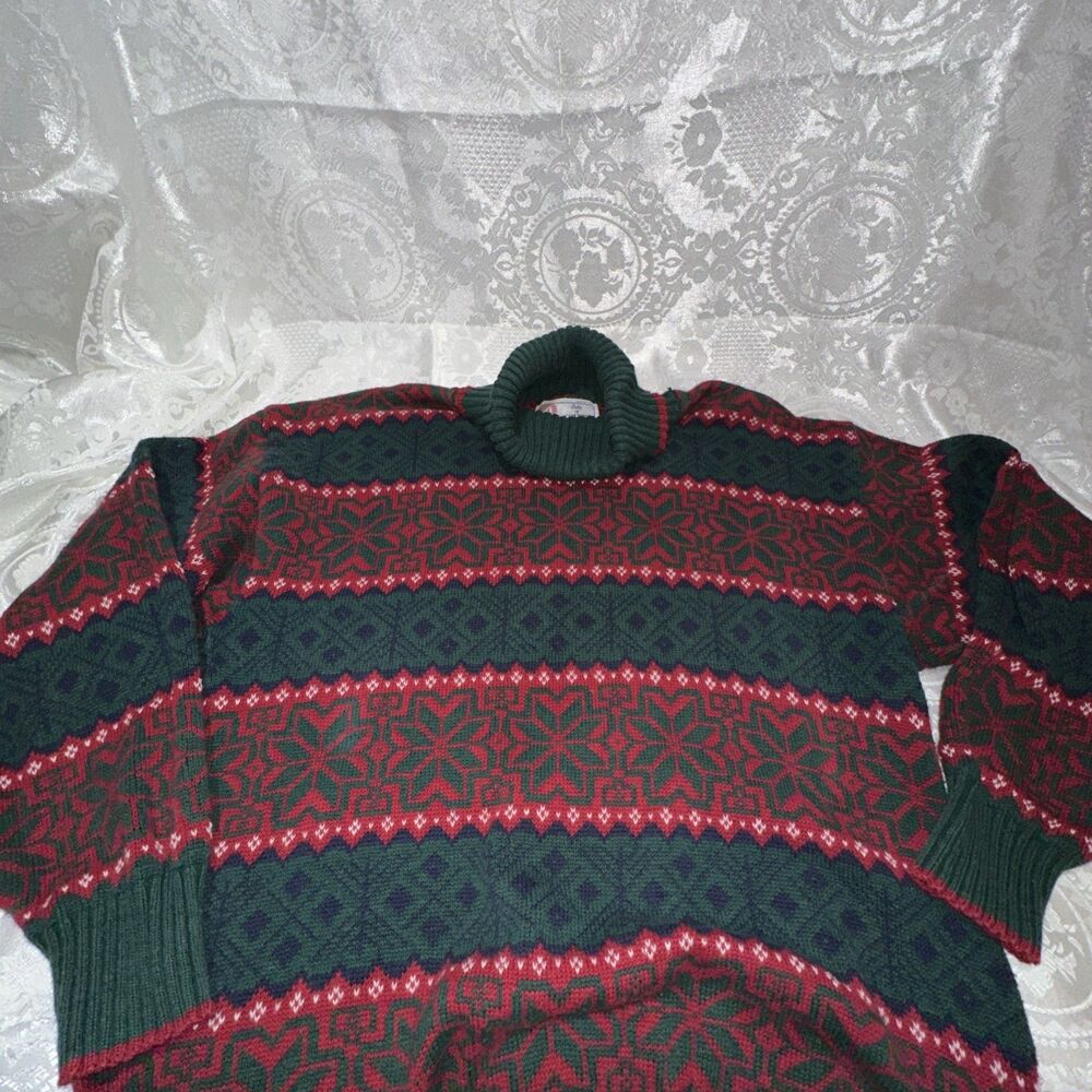 VTG 80s Ladies Isle of Cotton Sweater L Green/Red Turtleneck Sweater Made in USA